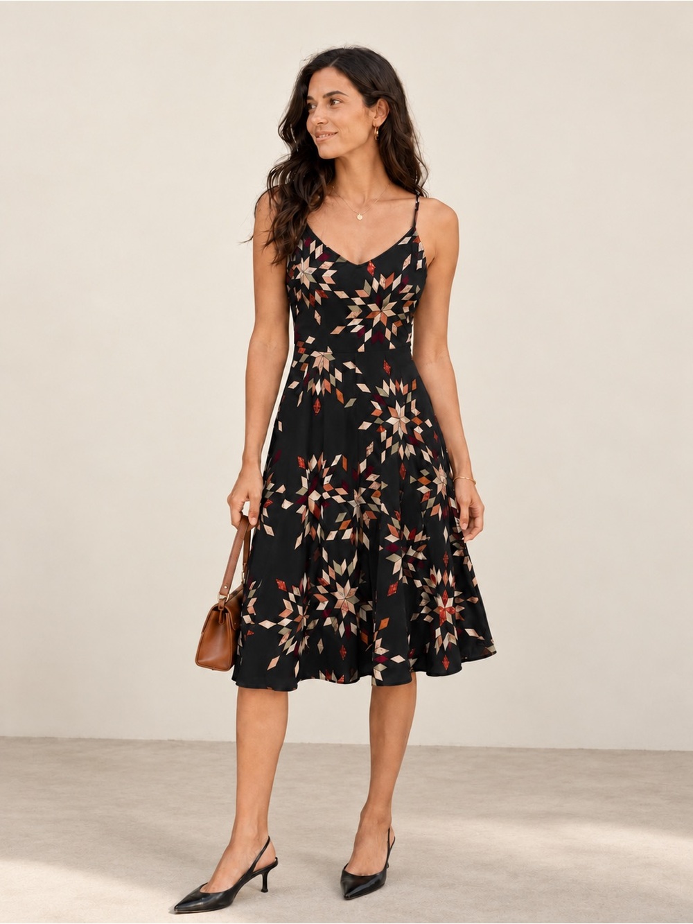 Gap Dark Charcoal Floral Geometric Star-Print Spaghetti Strap Dress